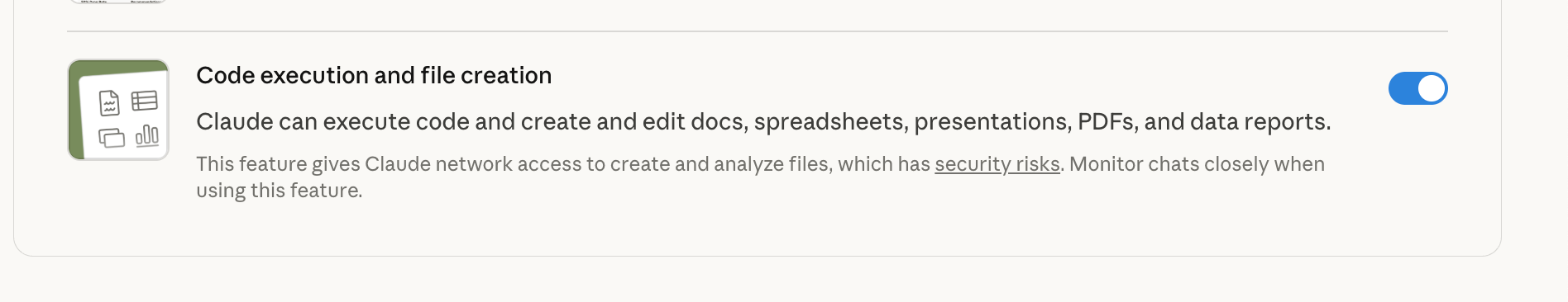 Code execution and file creation toggle in Settings