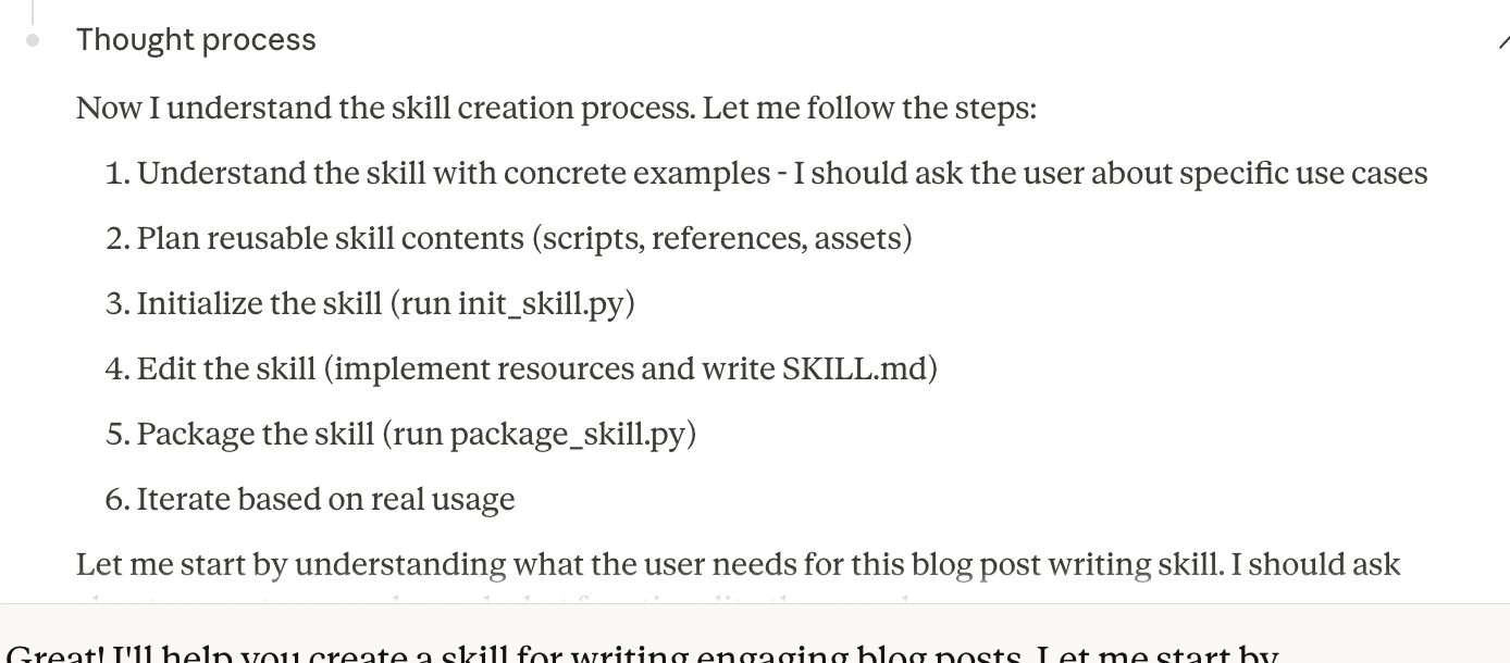 Claude's thought process showing the skill creation steps